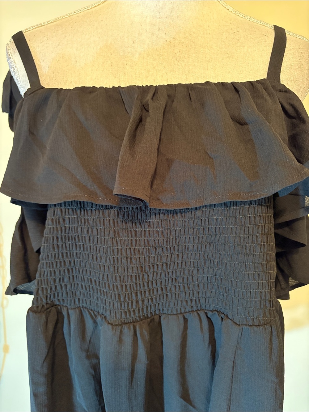 Torrid black smocked cold shoulder mini ruffle lace trim coverup dress - Picture 6 of 11
